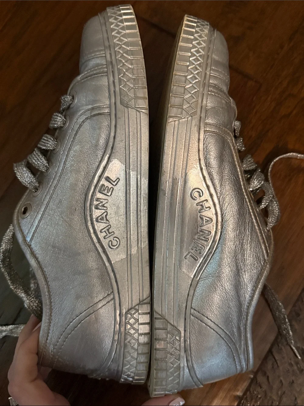 CHANEL Metallic Silver Leather Sneakers with Glitter Laces